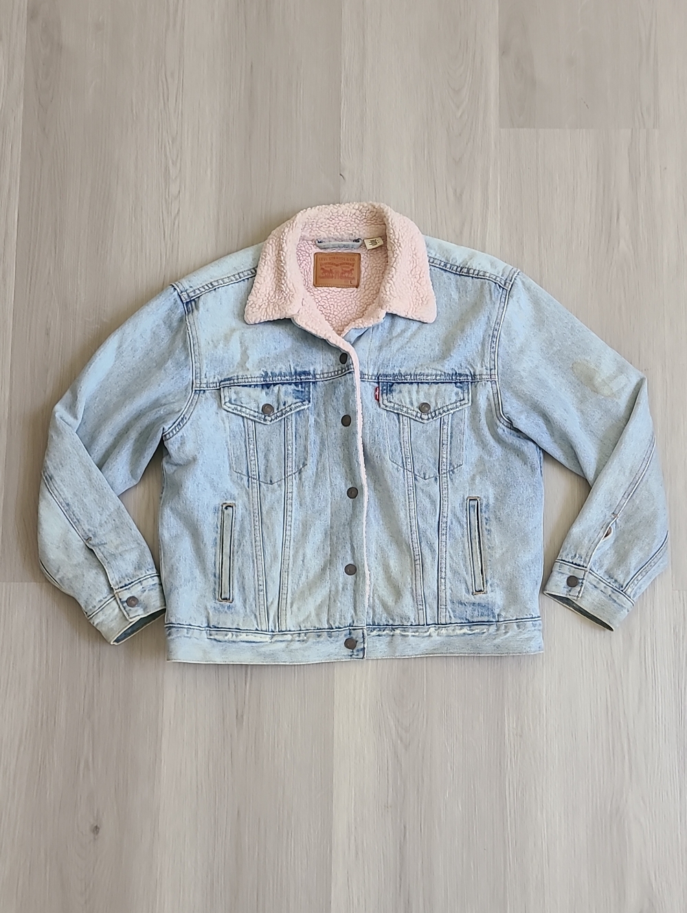 Levi's Light Wash Blue Denim Sherpa Jacket Pink Shearling Large Women's Winter
